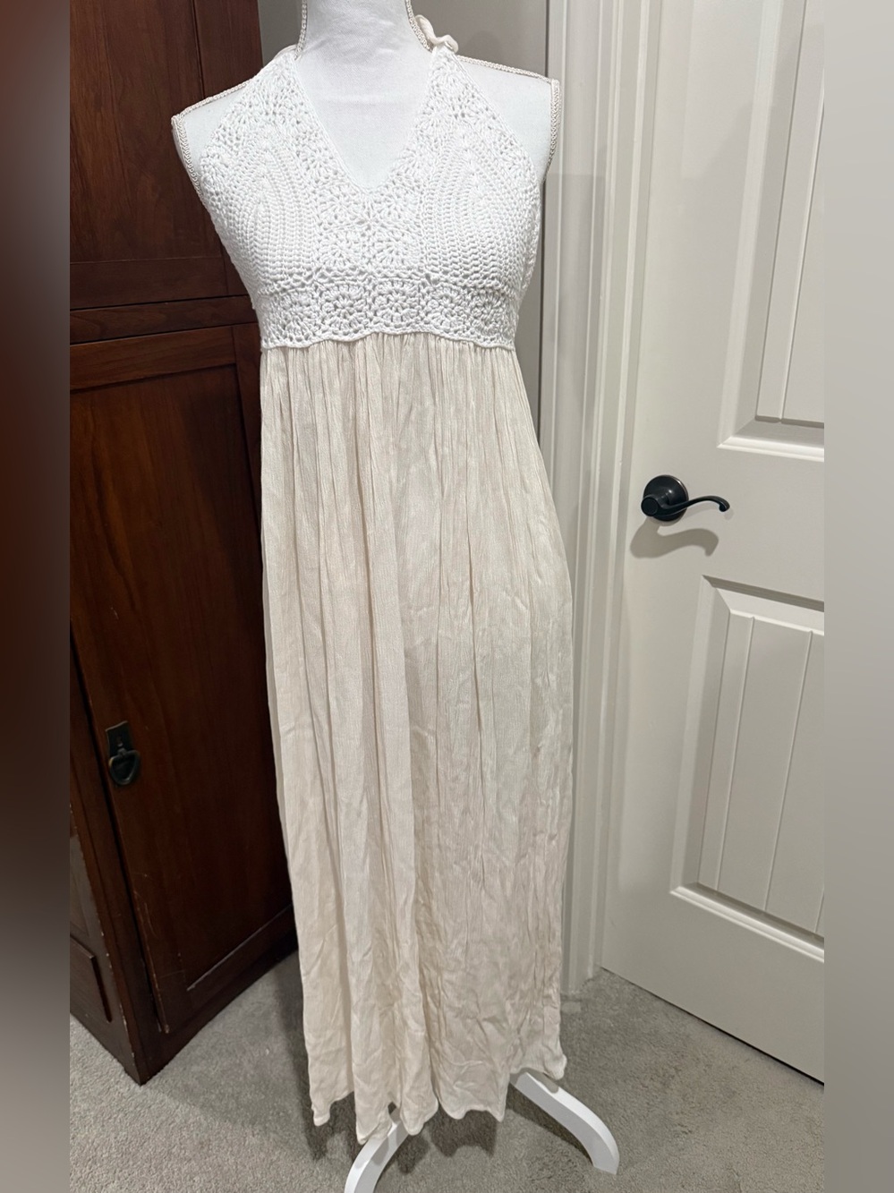 White and cream maxi dress crochet bodice and a flowing, light weight skirt